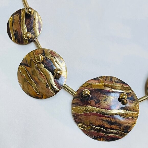 Vintage Artisan Abstract Brutalist Necklace Modernist Round Gold Tone Statement - Picture 3 of 6